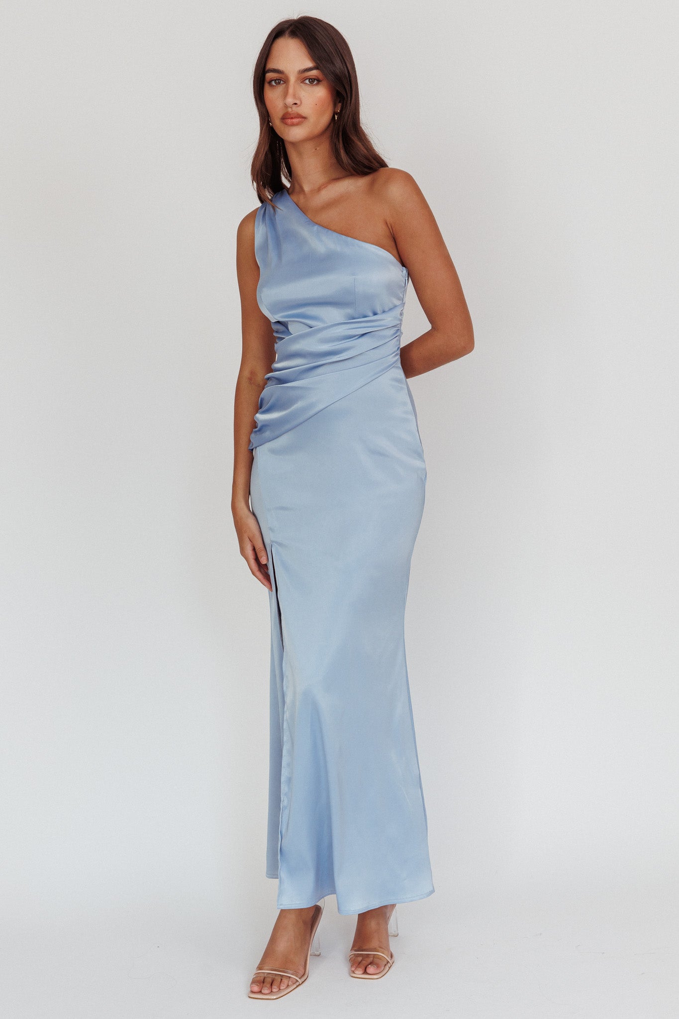 Taniesha One-Shoulder Gathered Maxi Dress Steel Blue