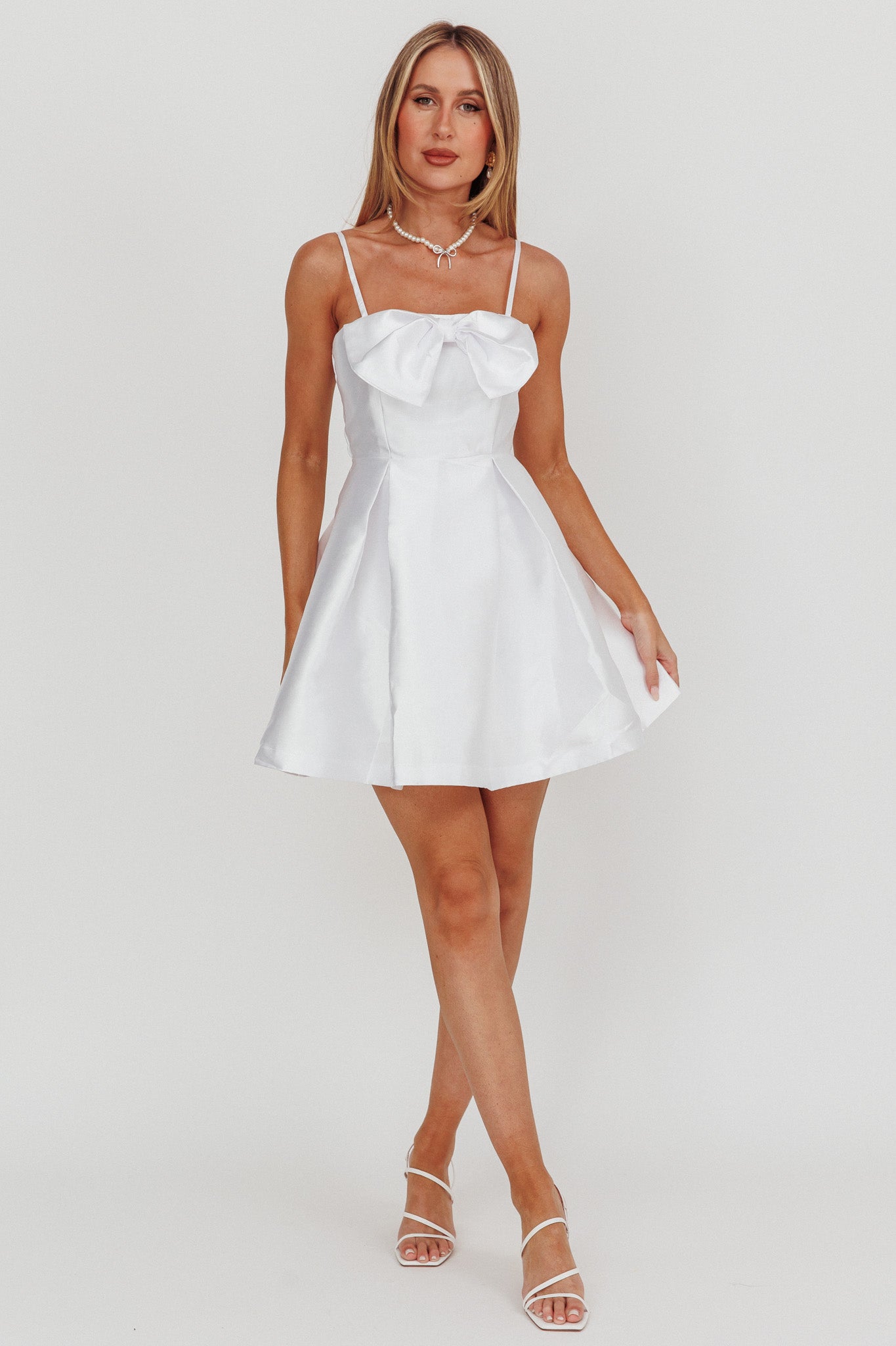 Love Talk Flared Bow Mini Dress White