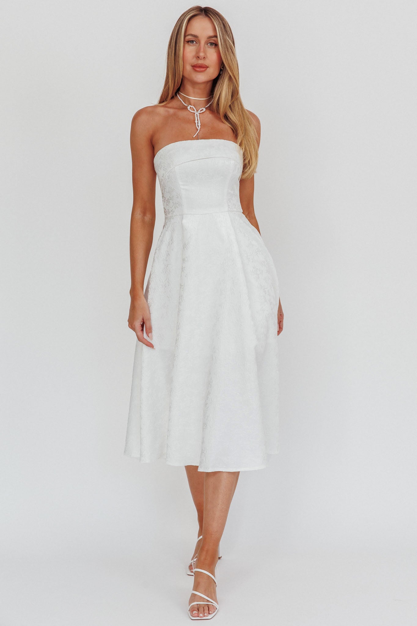 Worship Strapless A-Line Midi Dress White