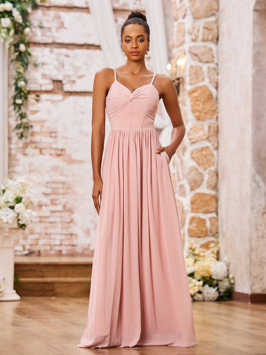 Sweetheart Neck Spaghetti Straps Chiffon Dresses with Pocket Dusty Rose