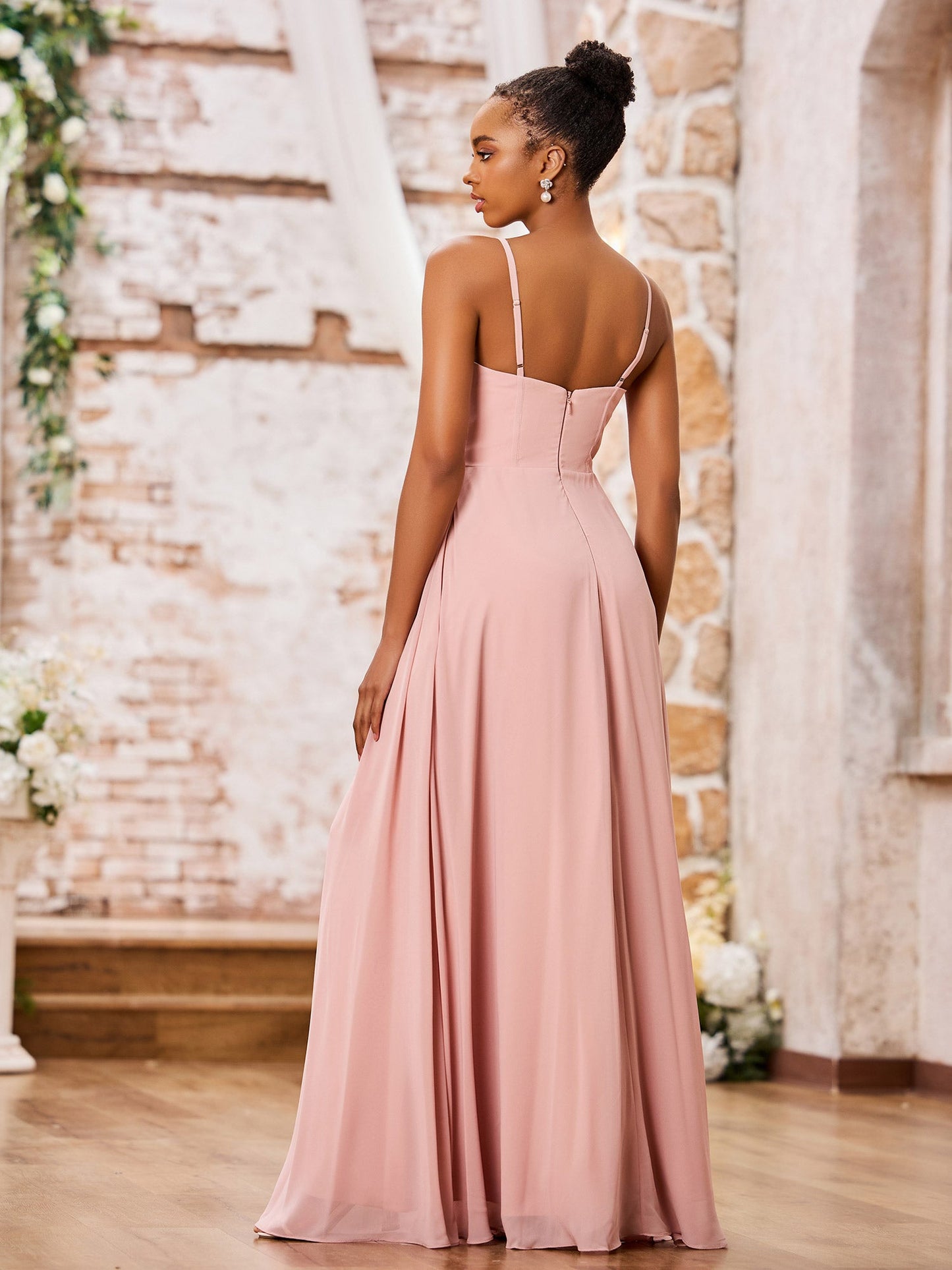 Sweetheart Neck Spaghetti Straps Chiffon Dresses with Pocket Dusty Rose