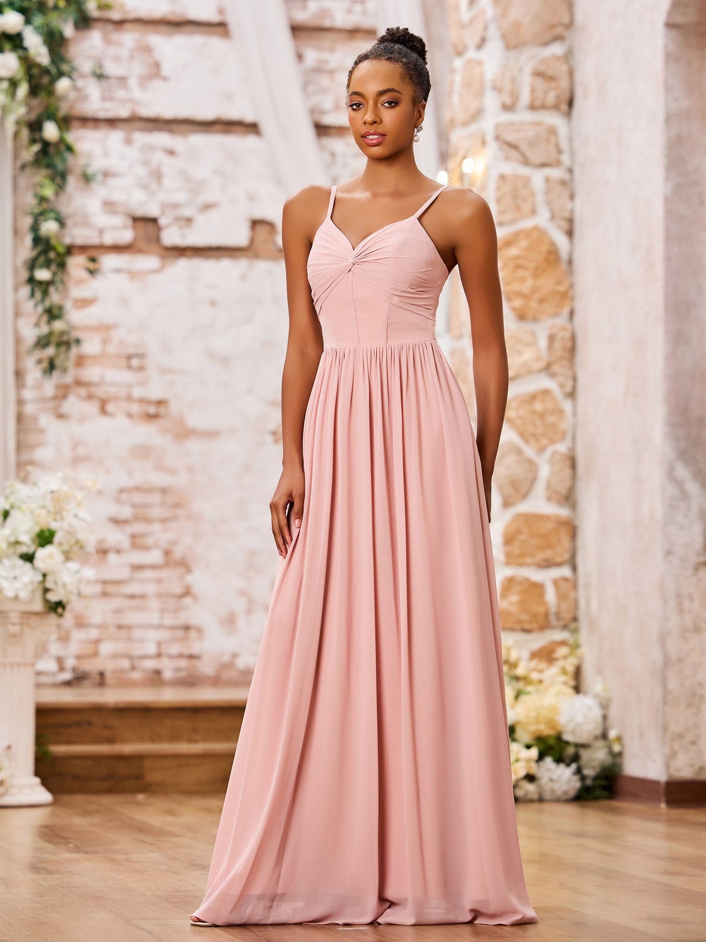 Sweetheart Neck Spaghetti Straps Chiffon Dresses with Pocket Dusty Rose