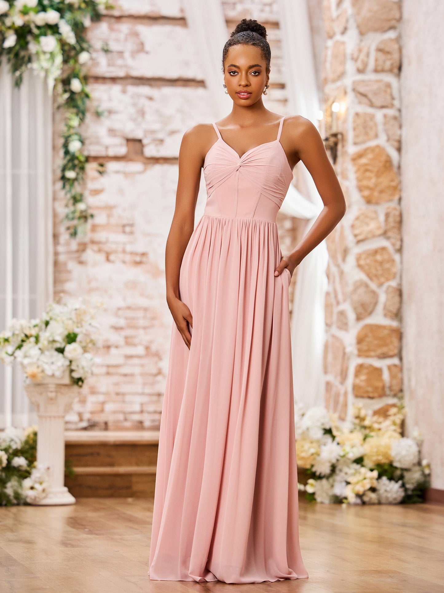 Sweetheart Neck Spaghetti Straps Chiffon Dresses with Pocket Dusty Rose