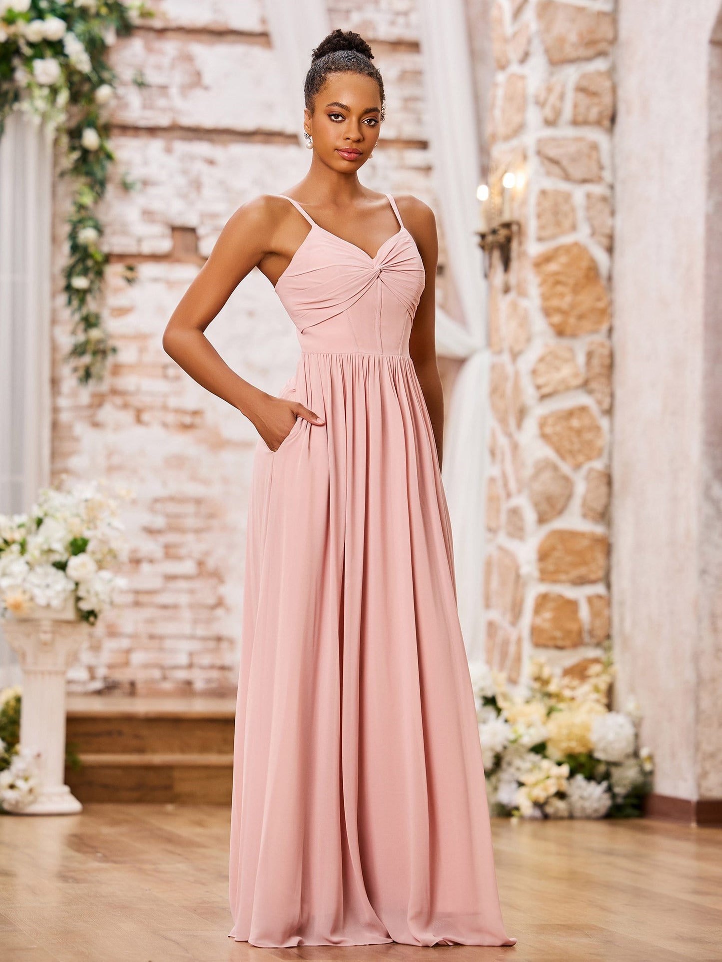 Sweetheart Neck Spaghetti Straps Chiffon Dresses with Pocket Dusty Rose