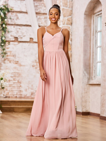 Sweetheart Neck Spaghetti Straps Chiffon Dresses with Pocket Dusty Rose
