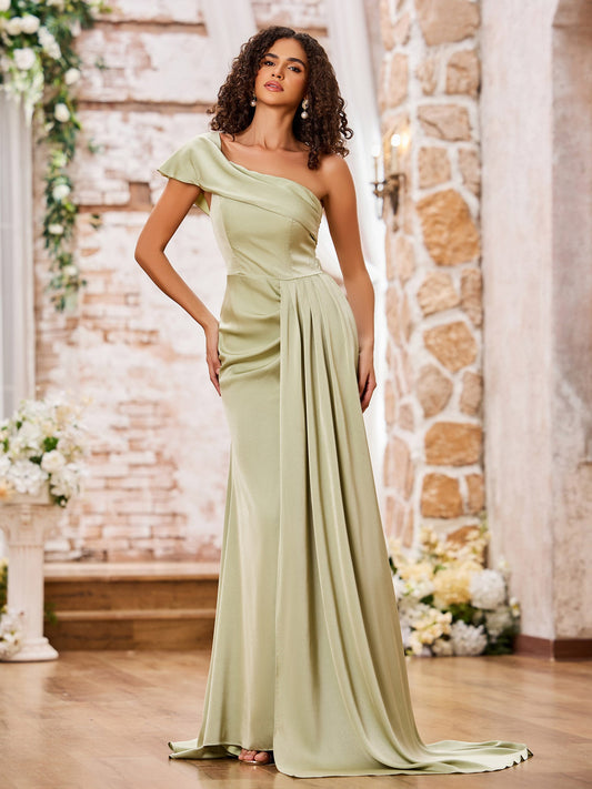 One Shoulder Cap Sleeves Long Satin Dresses with Train Dusty Sage