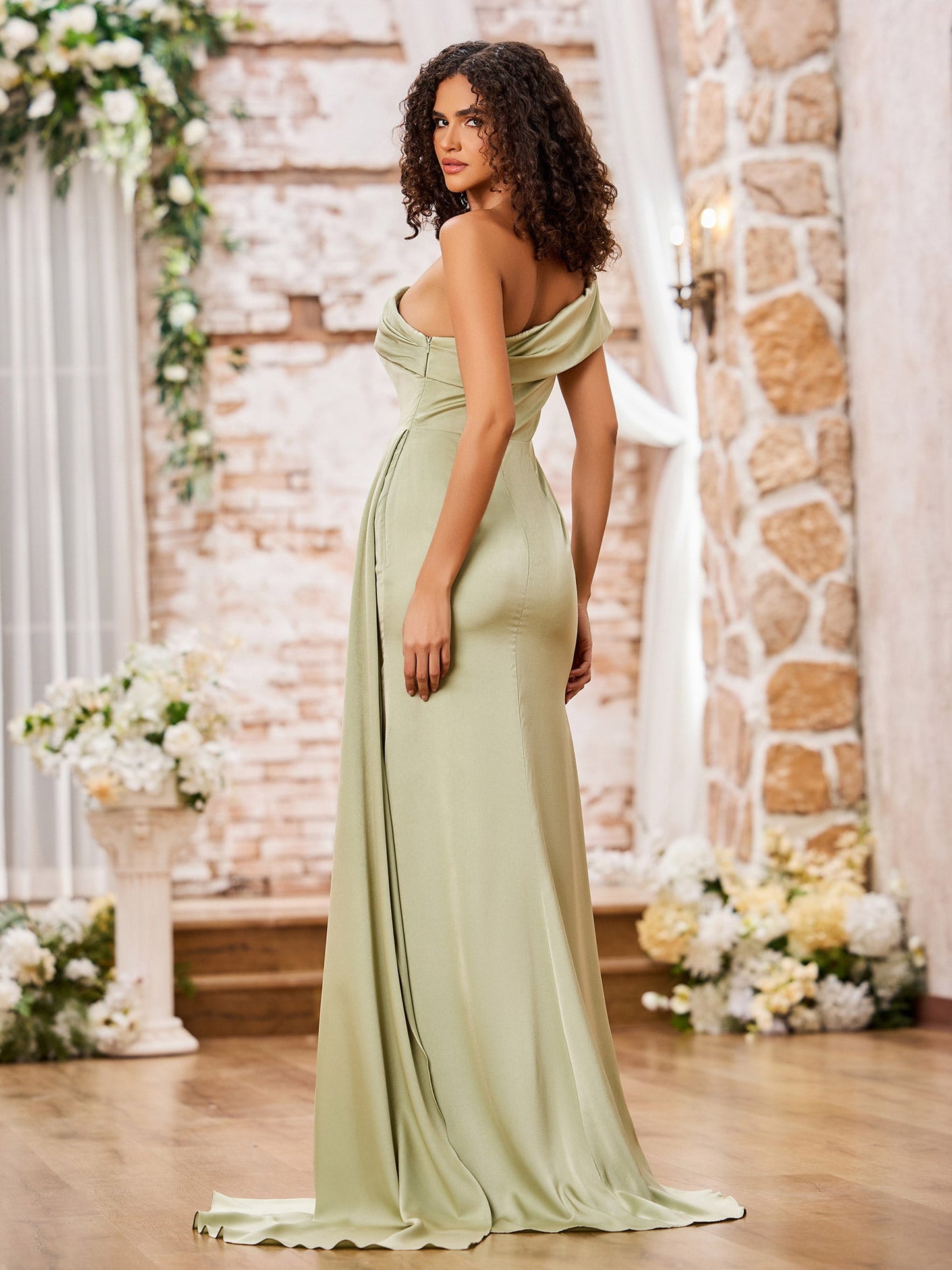 One Shoulder Cap Sleeves Long Satin Dresses with Train Dusty Sage