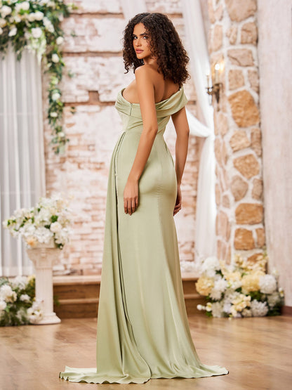 One Shoulder Cap Sleeves Long Satin Dresses with Train Dusty Sage