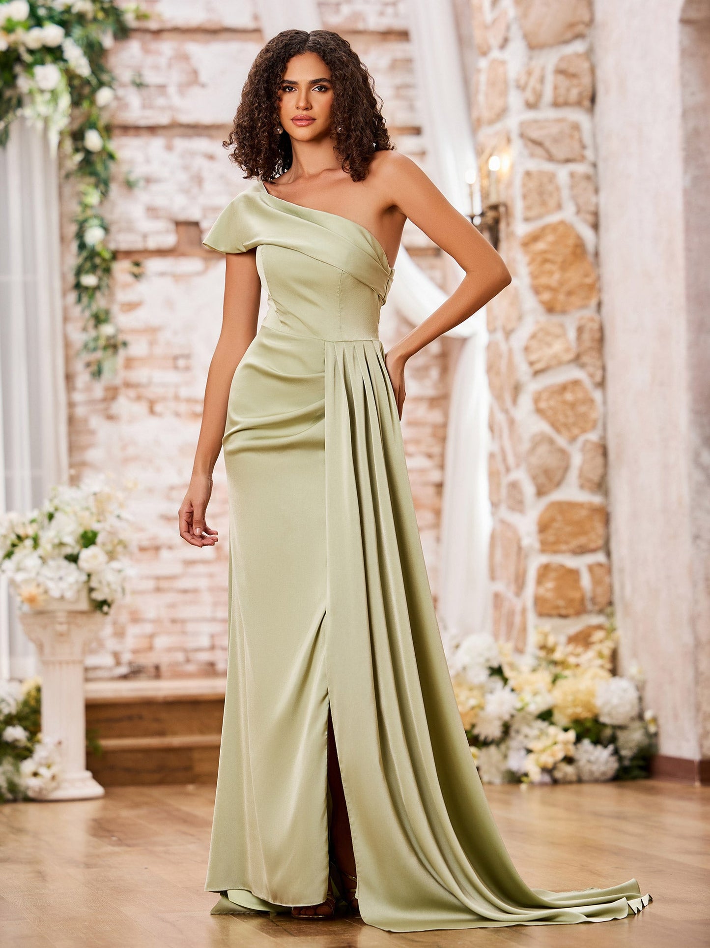 One Shoulder Cap Sleeves Long Satin Dresses with Train Dusty Sage