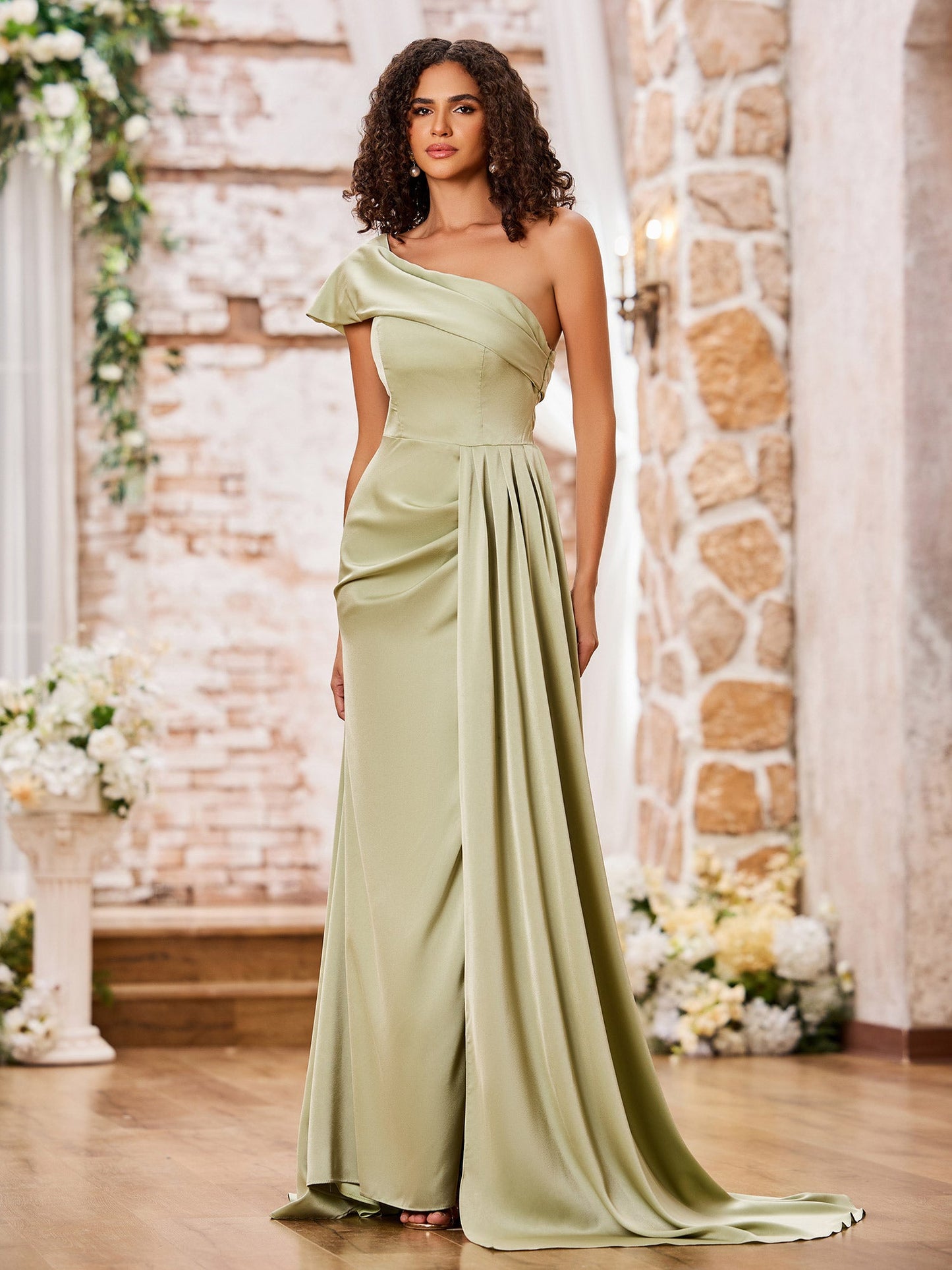 One Shoulder Cap Sleeves Long Satin Dresses with Train Dusty Sage