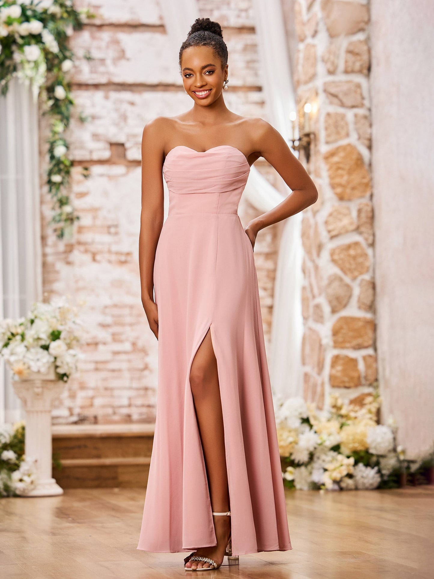 Strapless Sweetheart Neck A-line Chiffon Maxi Dresses Dusty Rose
