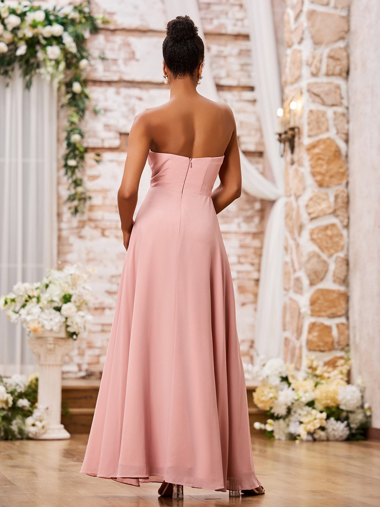 Strapless Sweetheart Neck A-line Chiffon Maxi Dresses Dusty Rose