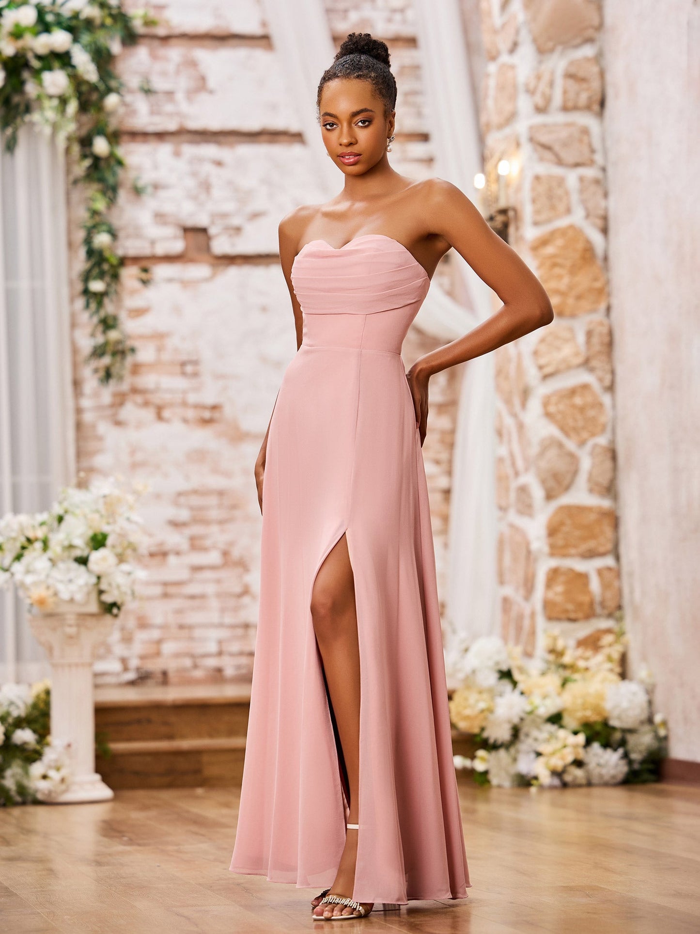 Strapless Sweetheart Neck A-line Chiffon Maxi Dresses Dusty Rose