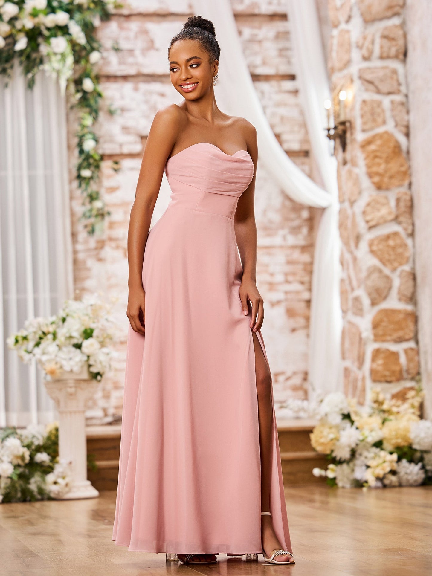 Strapless Sweetheart Neck A-line Chiffon Maxi Dresses Dusty Rose
