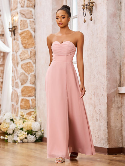 Strapless Sweetheart Neck A-line Chiffon Maxi Dresses Dusty Rose