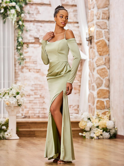 Spaghetti Straps Off Sholder Long Sleeves Dresses Dusty Sage