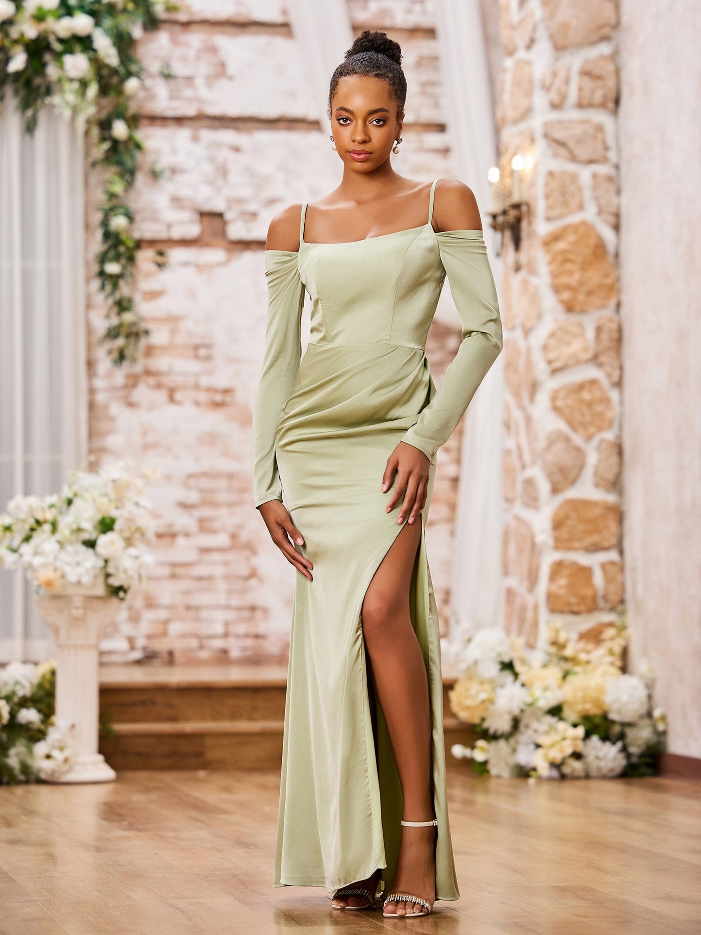 Spaghetti Straps Off Sholder Long Sleeves Dresses Dusty Sage