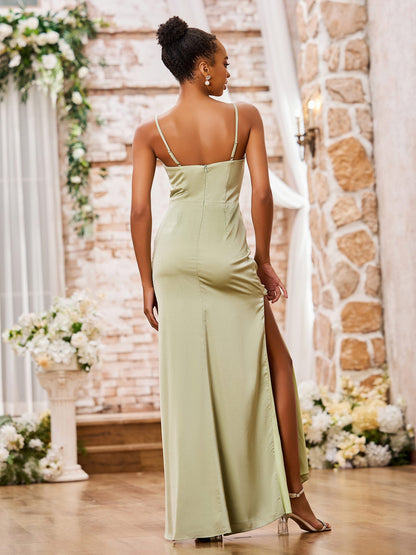 Spaghetti Straps Sheath Soft Satin Dresses with Side Slit Dusty Sage