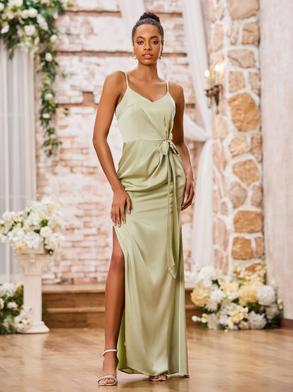 Spaghetti Straps Sheath Soft Satin Dresses with Side Slit Dusty Sage