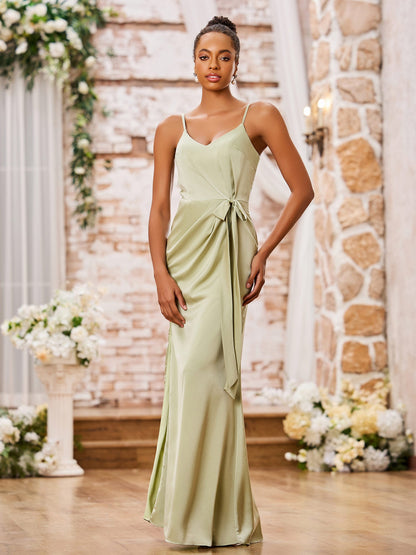 Spaghetti Straps Sheath Soft Satin Dresses with Side Slit Dusty Sage