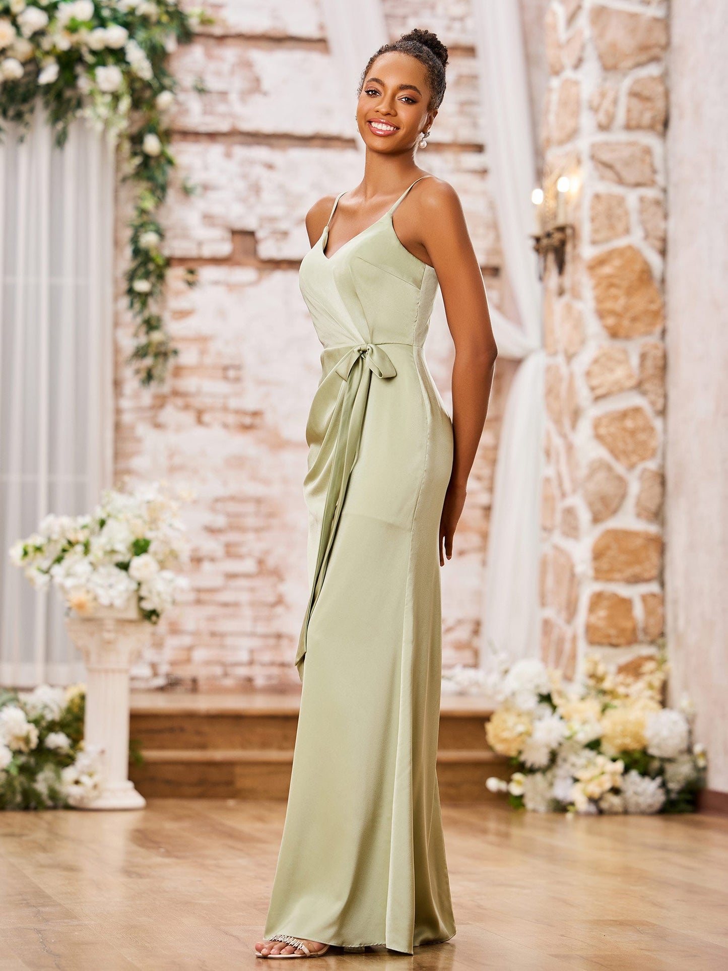 Spaghetti Straps Sheath Soft Satin Dresses with Side Slit Dusty Sage