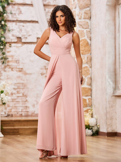 A-line V-neck Chiffon Long Dresses with Jumpsuit Dusty Rose