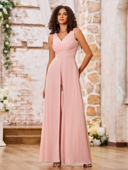 A-line V-neck Chiffon Long Dresses with Jumpsuit Dusty Rose