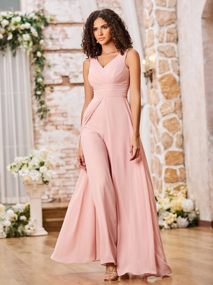 A-line V-neck Chiffon Long Dresses with Jumpsuit Dusty Rose