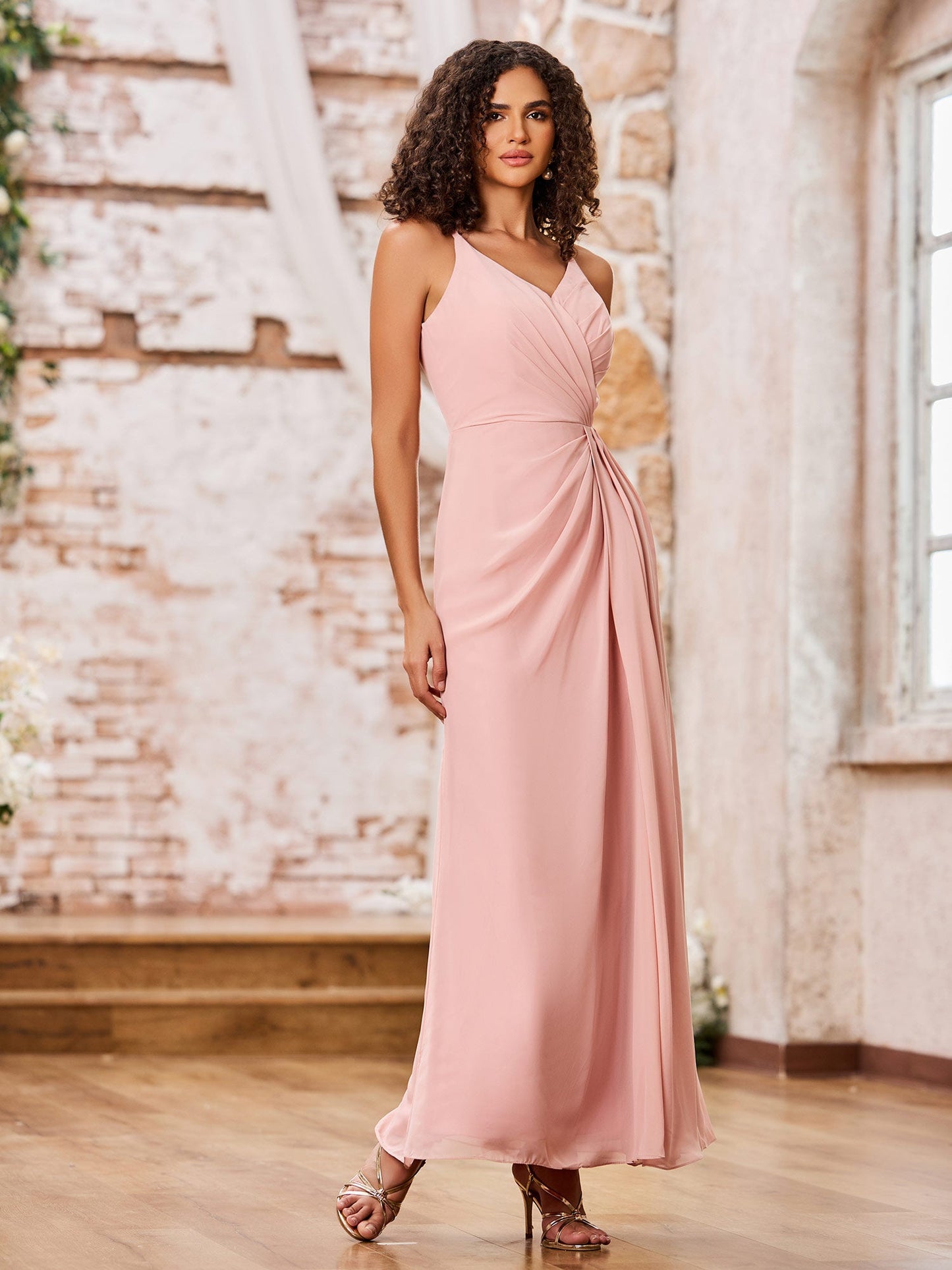 A-line Spaghetti Straps Chiffon Maxi Dresses with Slit Dusty Rose