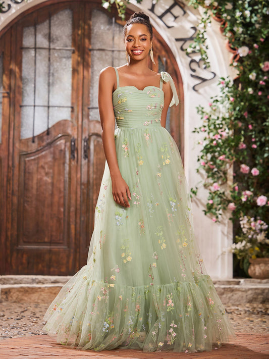 Sweetheart Appliqued Bodice Open Back Gowns with Shoulder Bow Dusty Sage