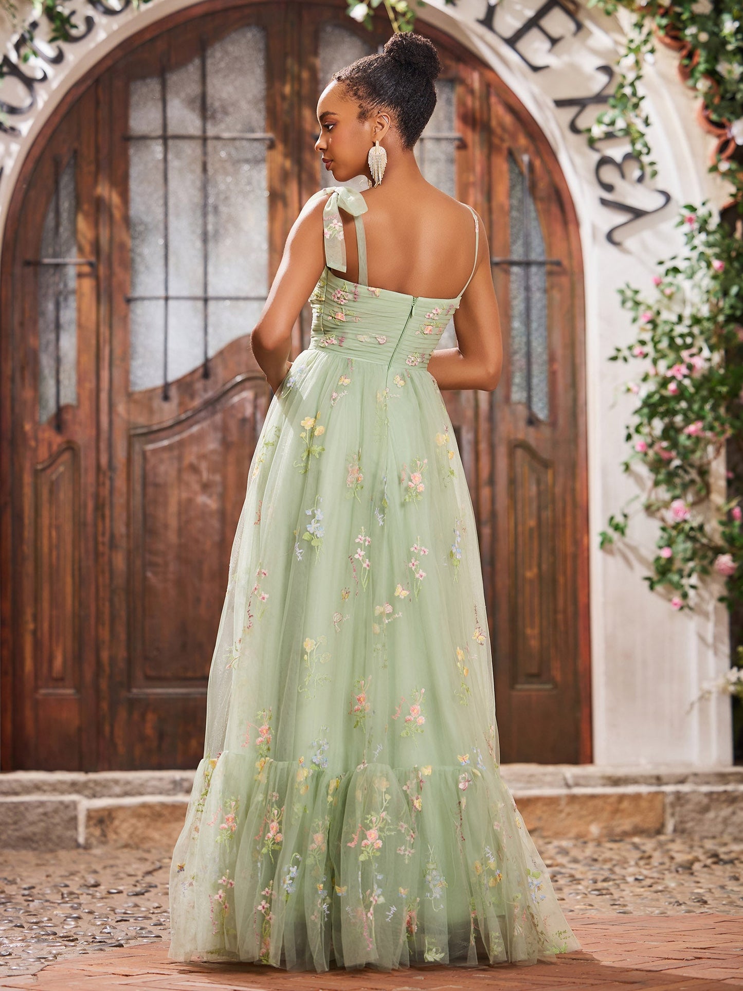 Sweetheart Appliqued Bodice Open Back Gowns with Shoulder Bow Dusty Sage