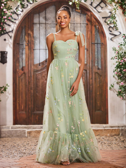 Sweetheart Appliqued Bodice Open Back Gowns with Shoulder Bow Dusty Sage