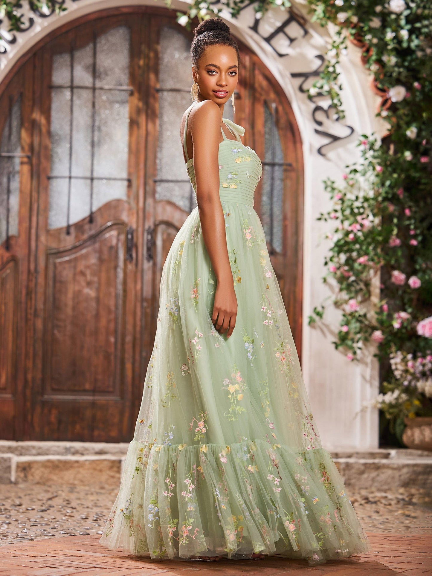 Sweetheart Appliqued Bodice Open Back Gowns with Shoulder Bow Dusty Sage