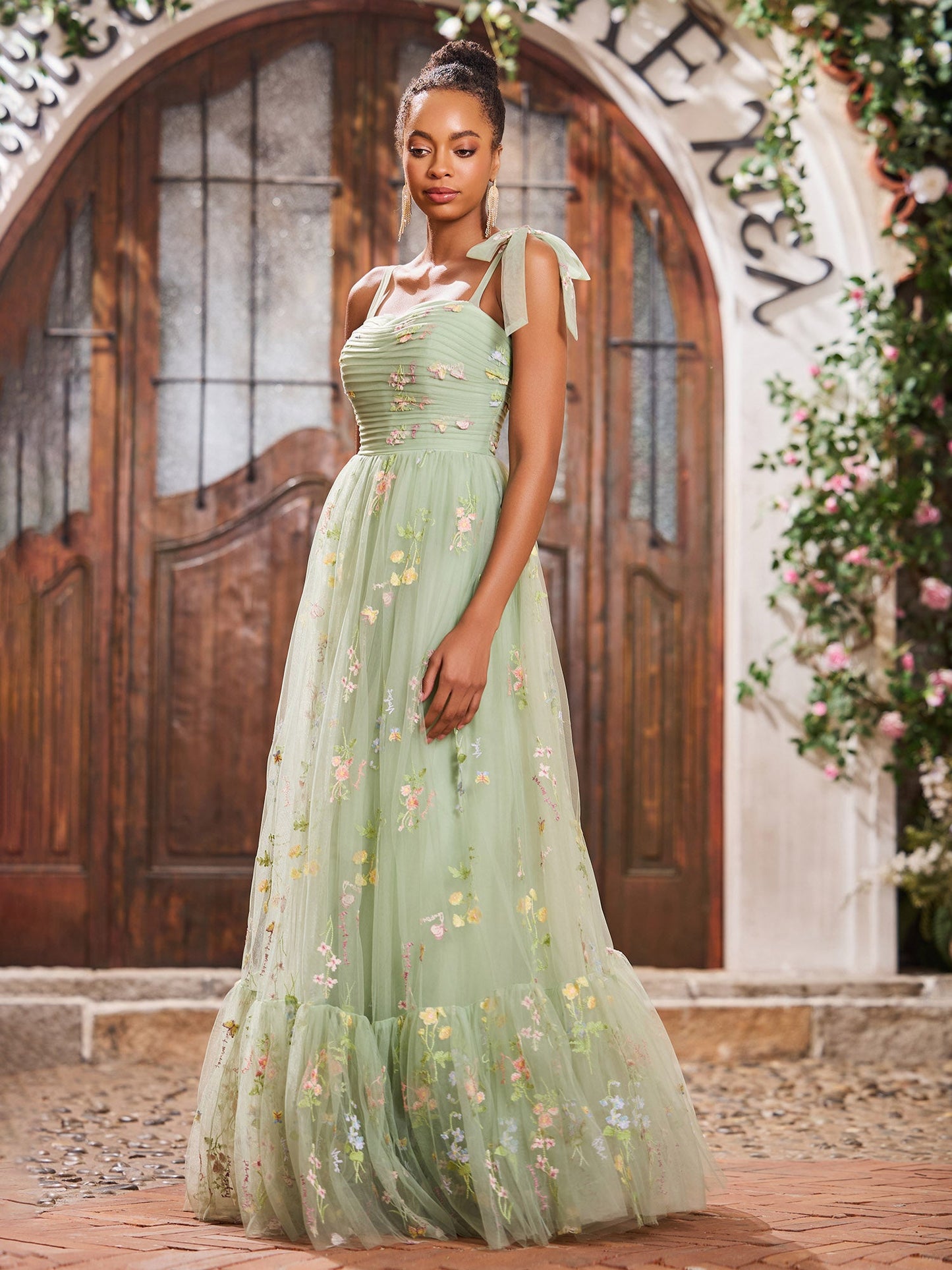 Sweetheart Appliqued Bodice Open Back Gowns with Shoulder Bow Dusty Sage