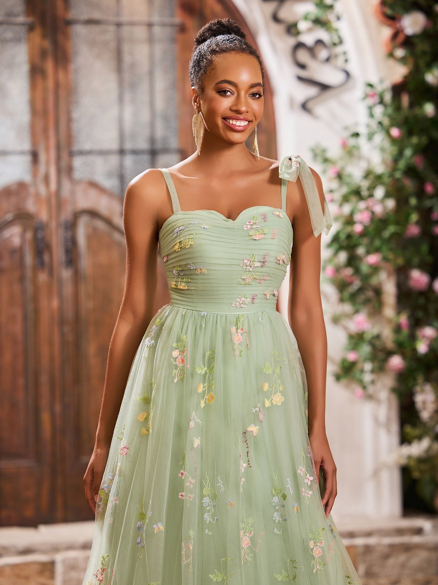 Sweetheart Appliqued Bodice Open Back Gowns with Shoulder Bow Dusty Sage
