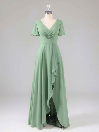 Liora V-Neck Ruffles Flutter Sleeves Bridesmaid Dresses with Slit