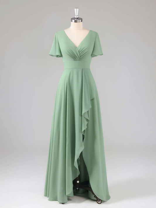 Liora V-Neck Ruffles Flutter Sleeves Bridesmaid Dresses with Slit