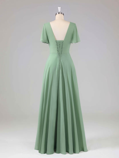 Leliana Simple V-Neck Ruffles Bridesmaid Dresses with Slit