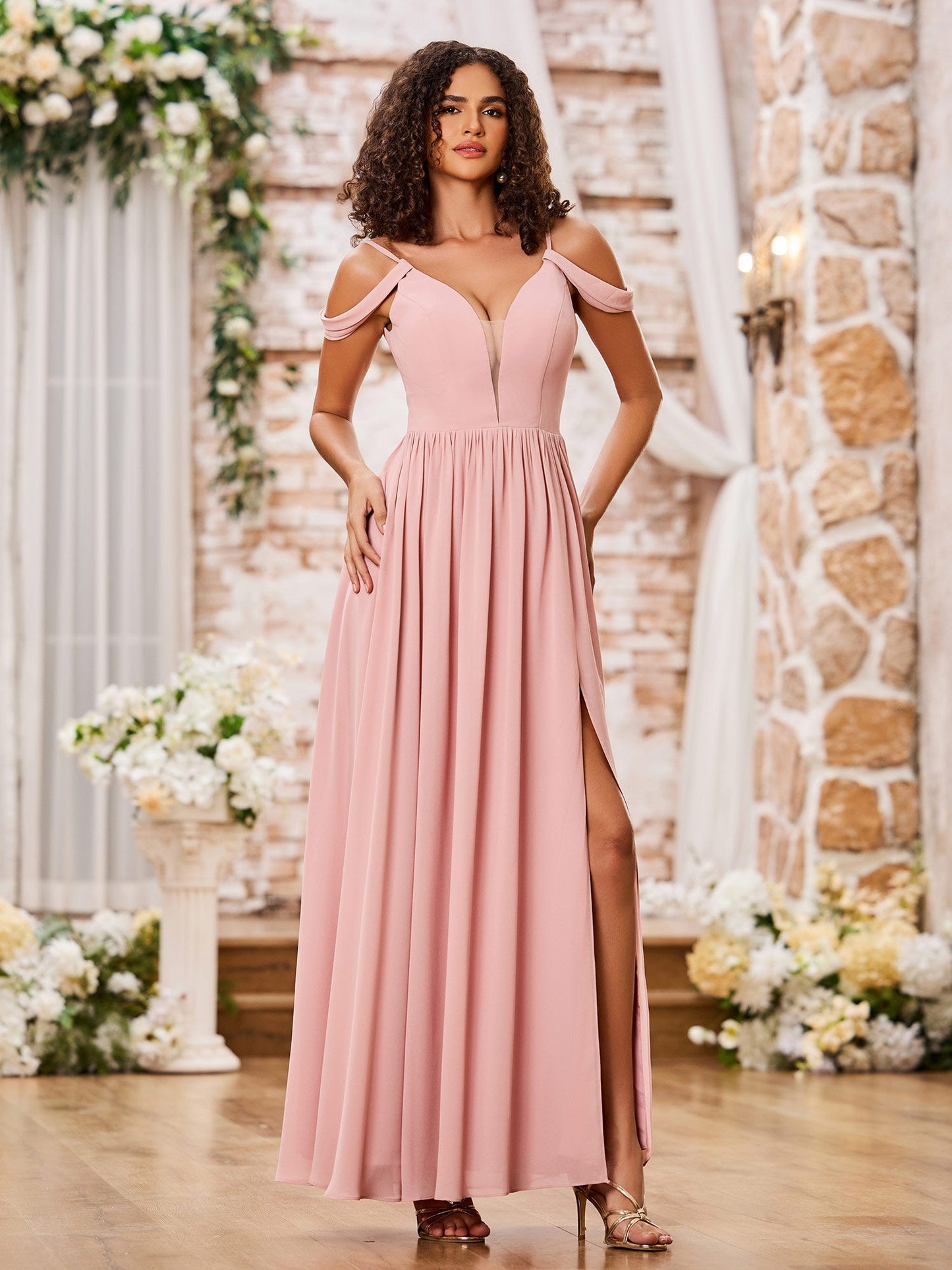 Spaghetti Straps Deep V-neck Maxi Dresses with Slit Dusty Rose
