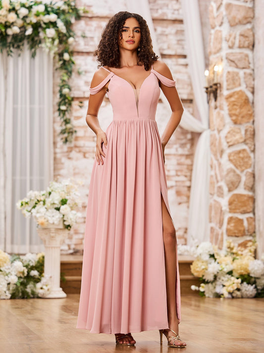 Spaghetti Straps Deep V-neck Maxi Dresses with Slit Dusty Rose
