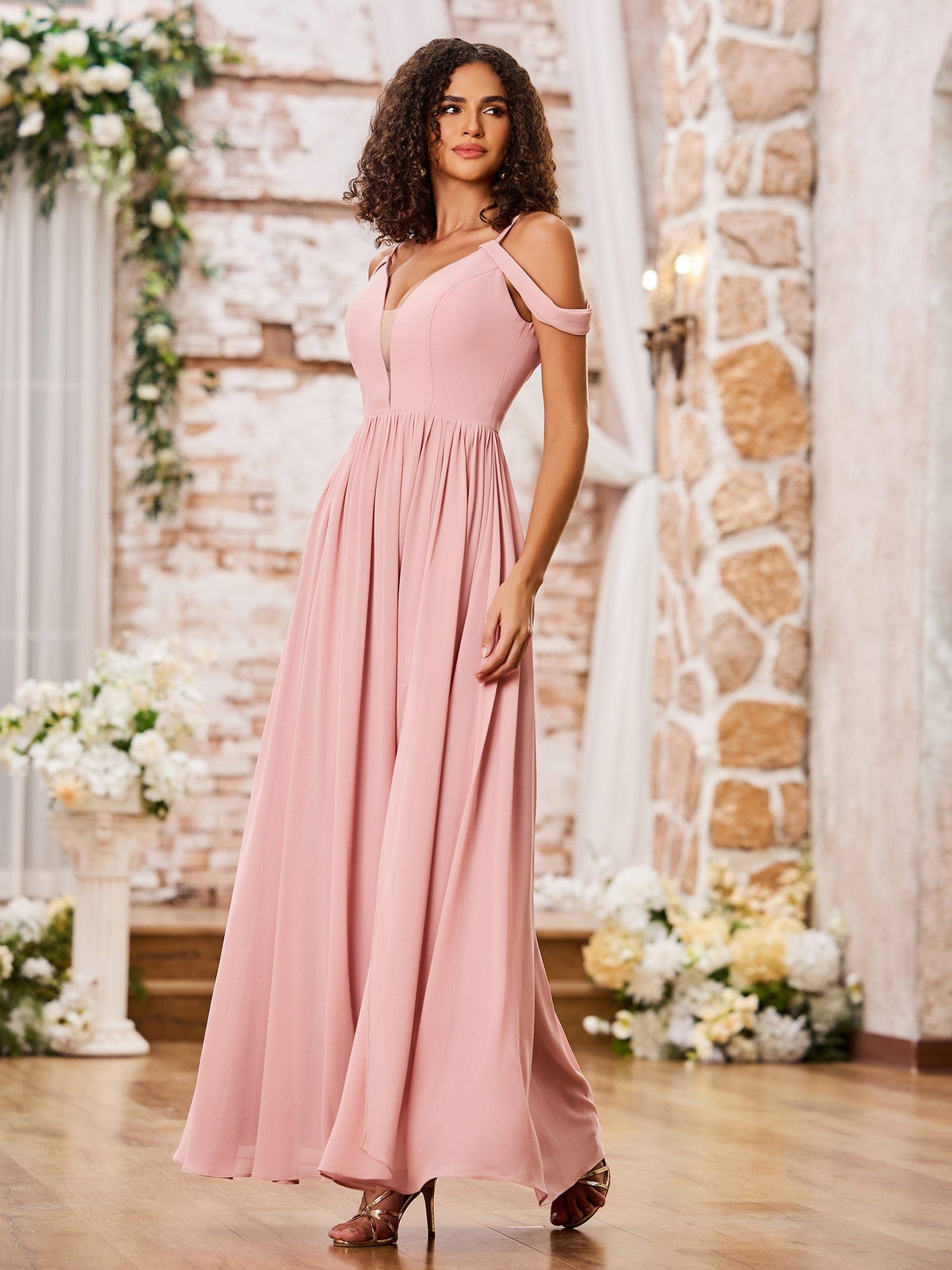Spaghetti Straps Deep V-neck Maxi Dresses with Slit Dusty Rose