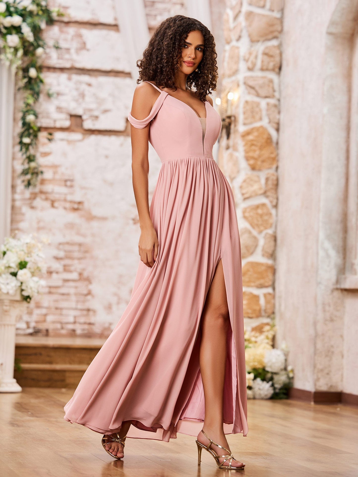 Spaghetti Straps Deep V-neck Maxi Dresses with Slit Dusty Rose