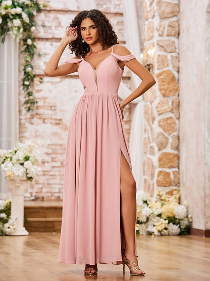 Spaghetti Straps Deep V-neck Maxi Dresses with Slit Dusty Rose
