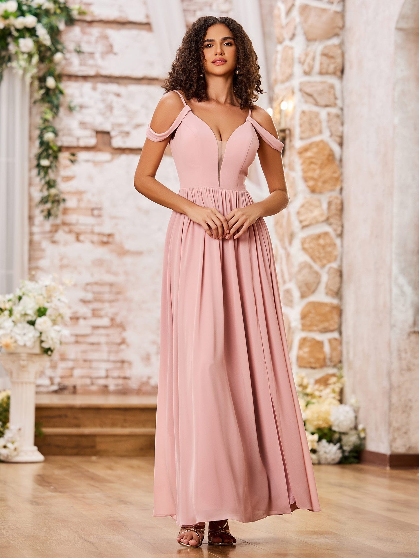 Spaghetti Straps Deep V-neck Maxi Dresses with Slit Dusty Rose