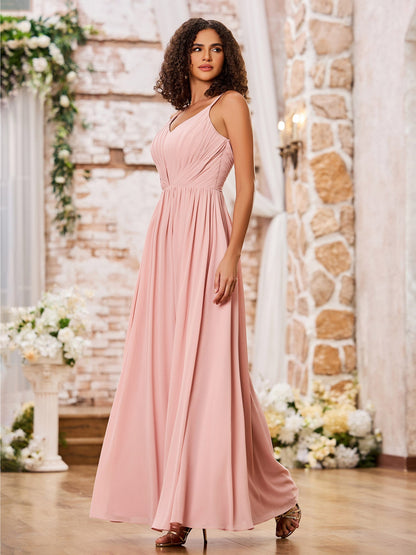 A-line Spaghetti Straps Pleated Maxi Chiffon Dresses Dusty Rose