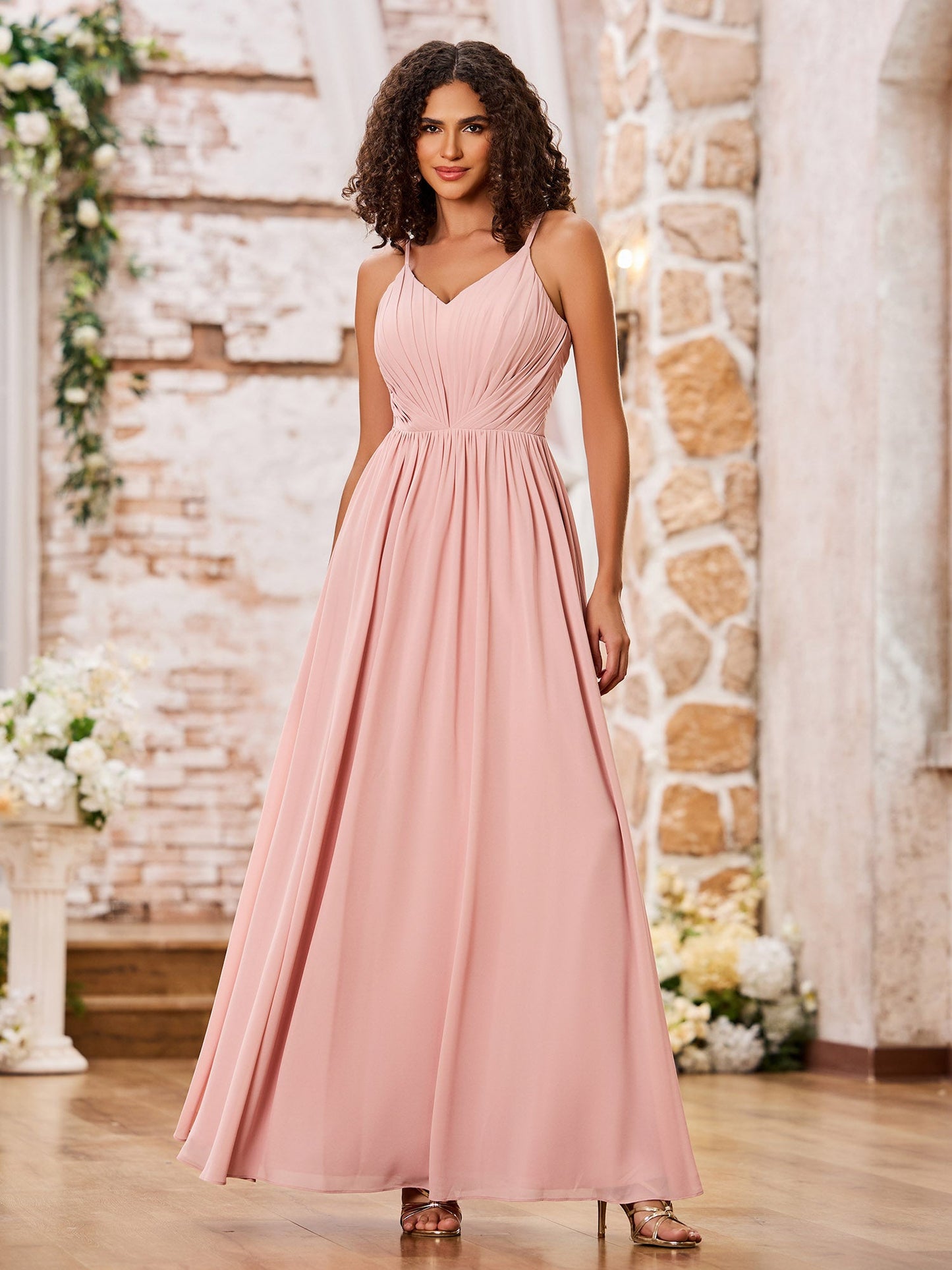 A-line Spaghetti Straps Pleated Maxi Chiffon Dresses Dusty Rose
