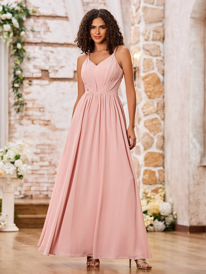 A-line Spaghetti Straps Pleated Maxi Chiffon Dresses Dusty Rose