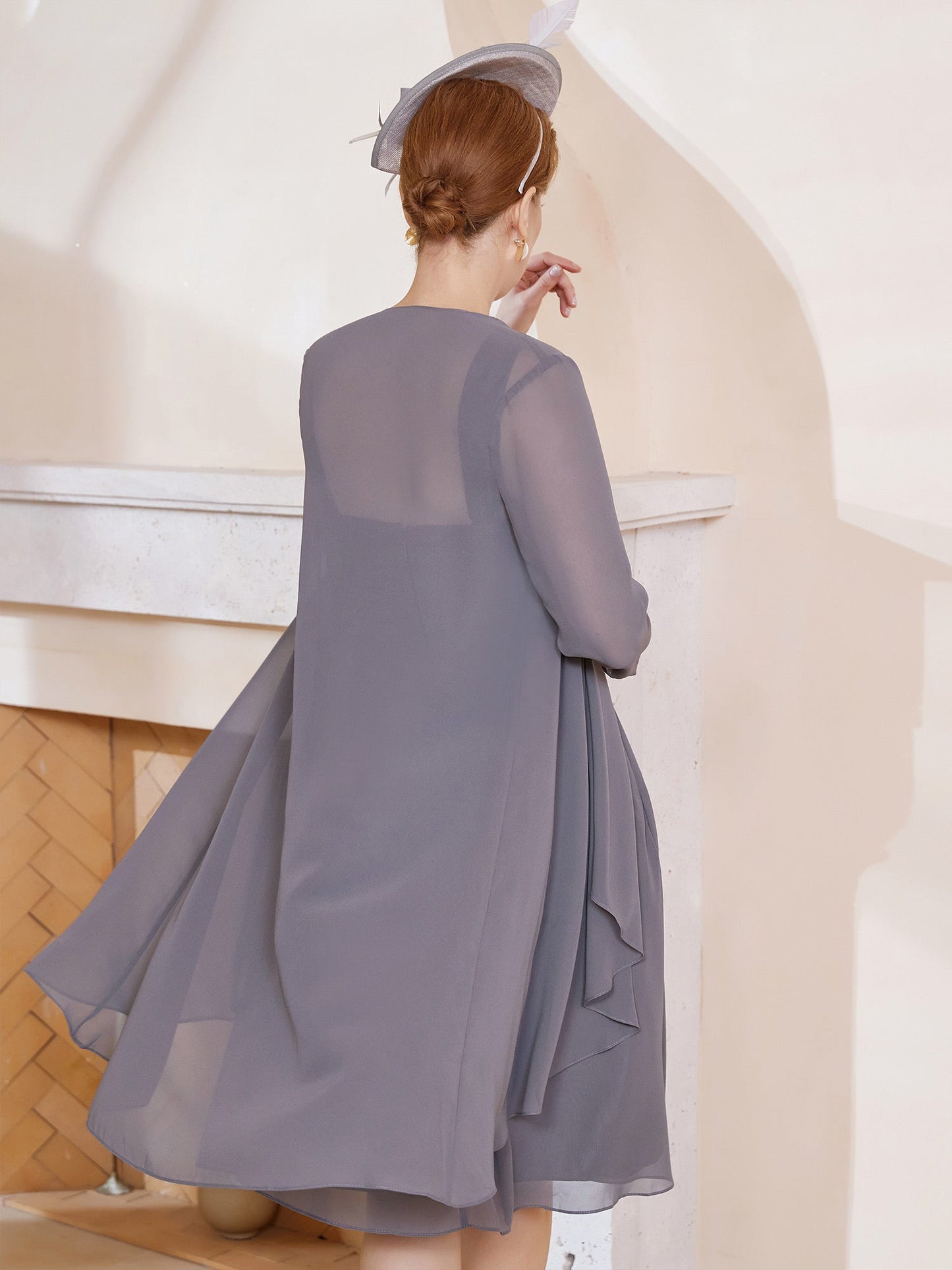 A-Line Chiffon Knee-length Dress With Jacket Steel Grey