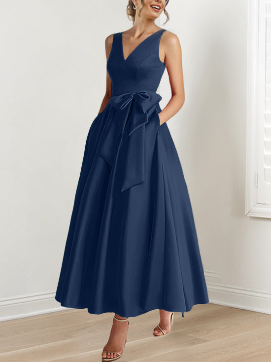 A-Line/Princess V-Neck Sleeveless Ankle-Length Mother of the Bride Dresses with Pockets & Ruffles