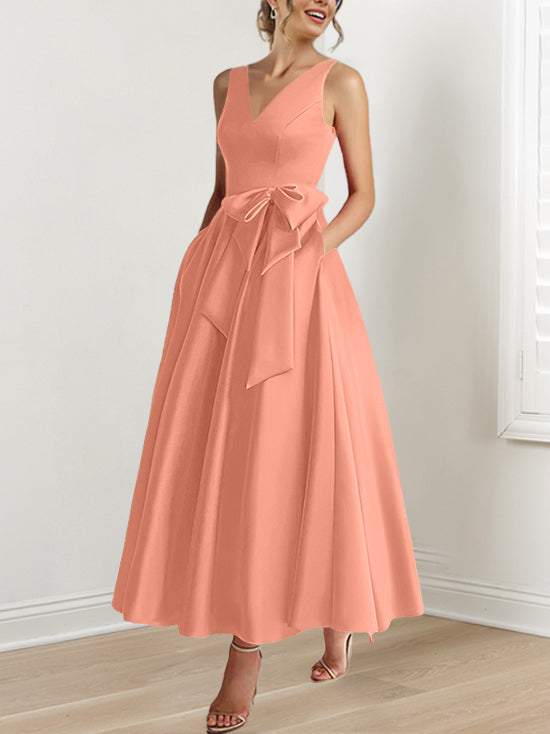 A-Line/Princess V-Neck Sleeveless Ankle-Length Mother of the Bride Dresses with Pockets & Ruffles